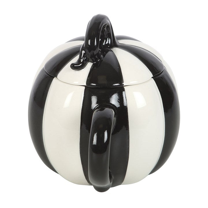 Black & White Round Striped Pumpkin Lidded Mug