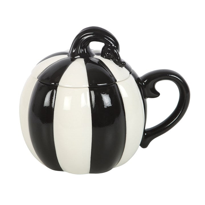 Black & White Round Striped Pumpkin Lidded Mug