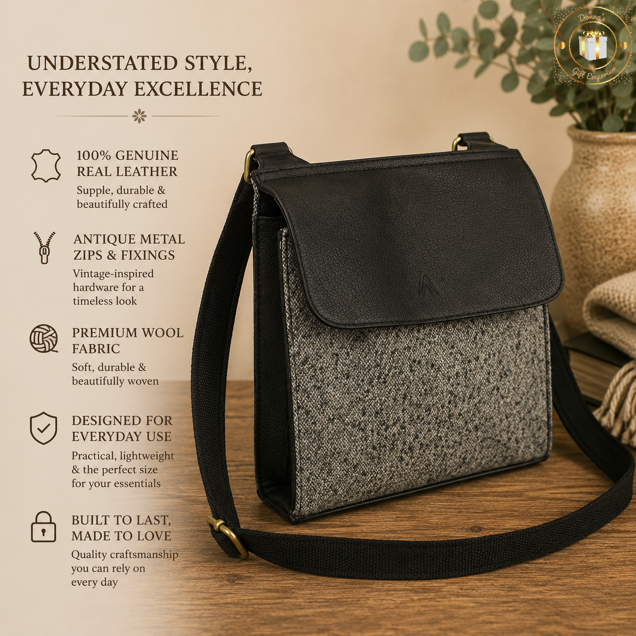Herringbone Real Leather & Wool Mix Black Flap Bag