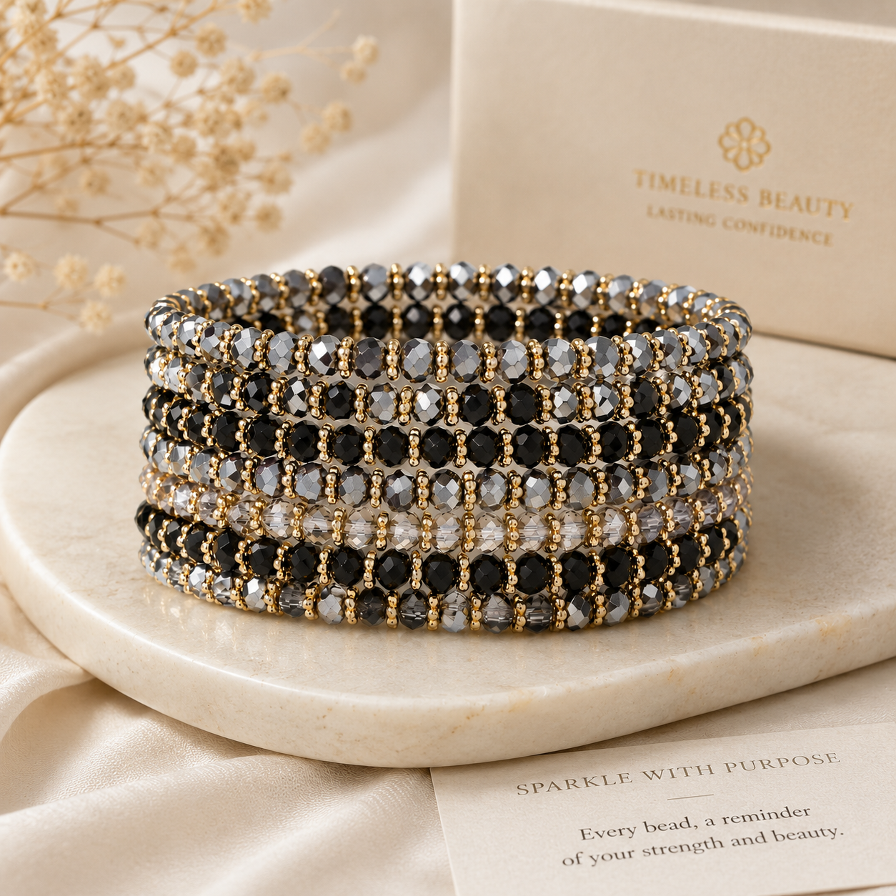 Venus Crystal Elasticated Bracelet - Gold & Black