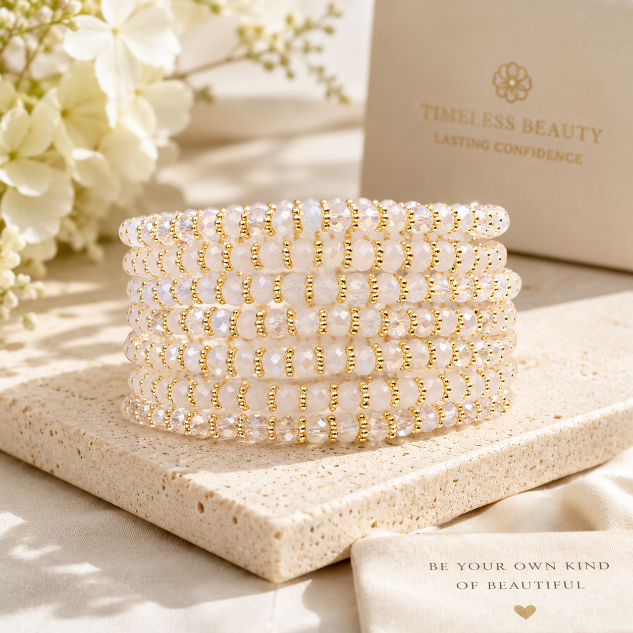 Venus Crystal Elasticated Bracelet - Gold & White