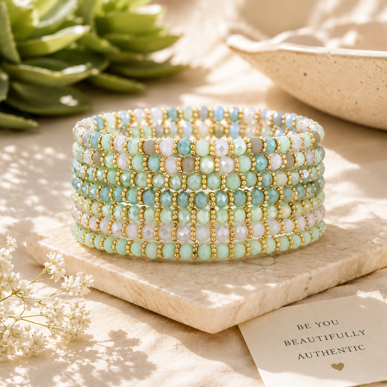 Venus Crystal Elasticated Bracelet - Gold & Green