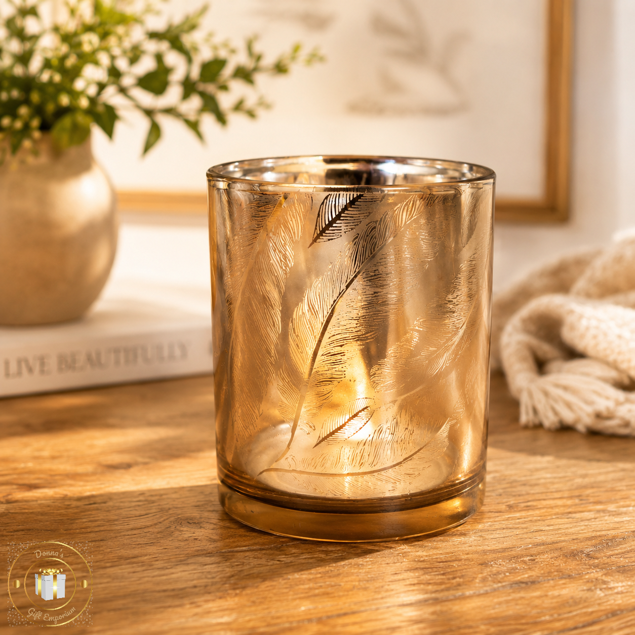 Gold Feather Tea Light Holder