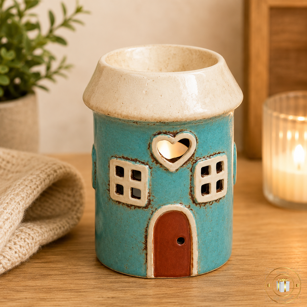 Village Pottery Wax Warmer Oil Burner Heart Teal Round