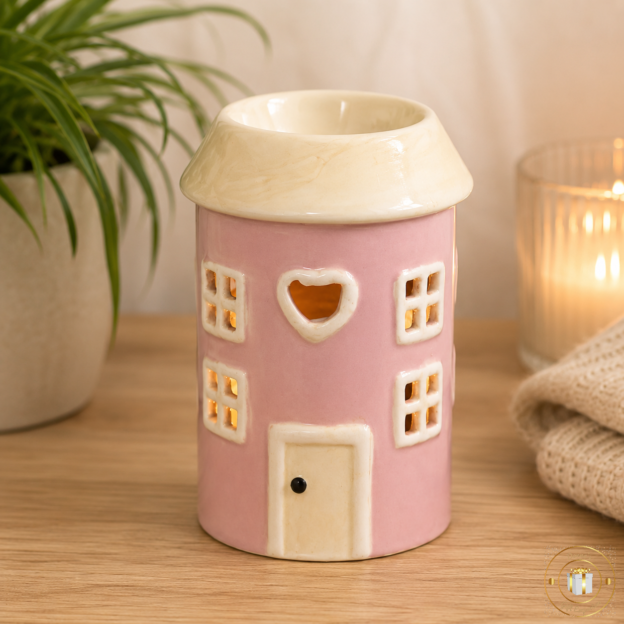 Village Pottery Round Pink House Ceramic Wax Warmer Oil Burner