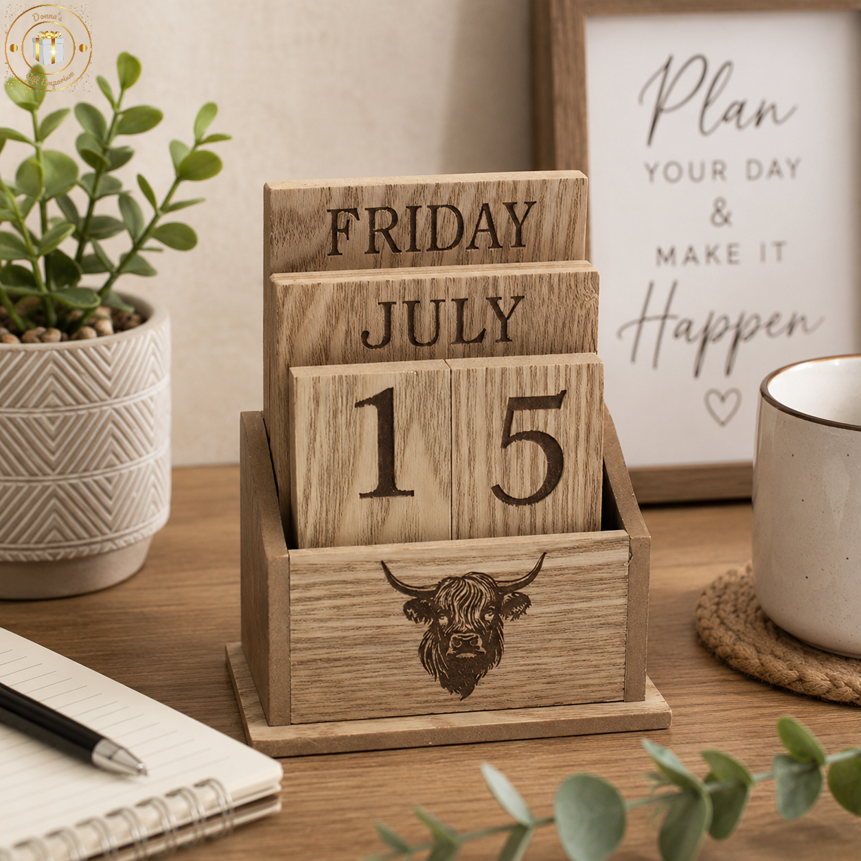 Light Wood Highland Cow Perpetual Calendar