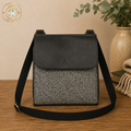 Herringbone Real Leather & Wool Mix Black Flap Bag