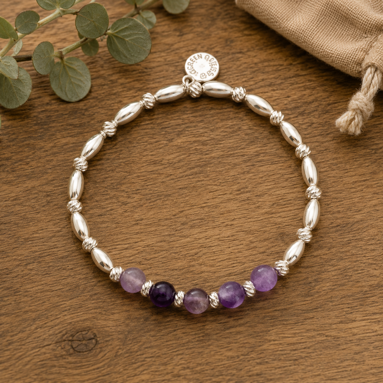 Gem Stone Textured Silver Plated Bracelet - Amethyst