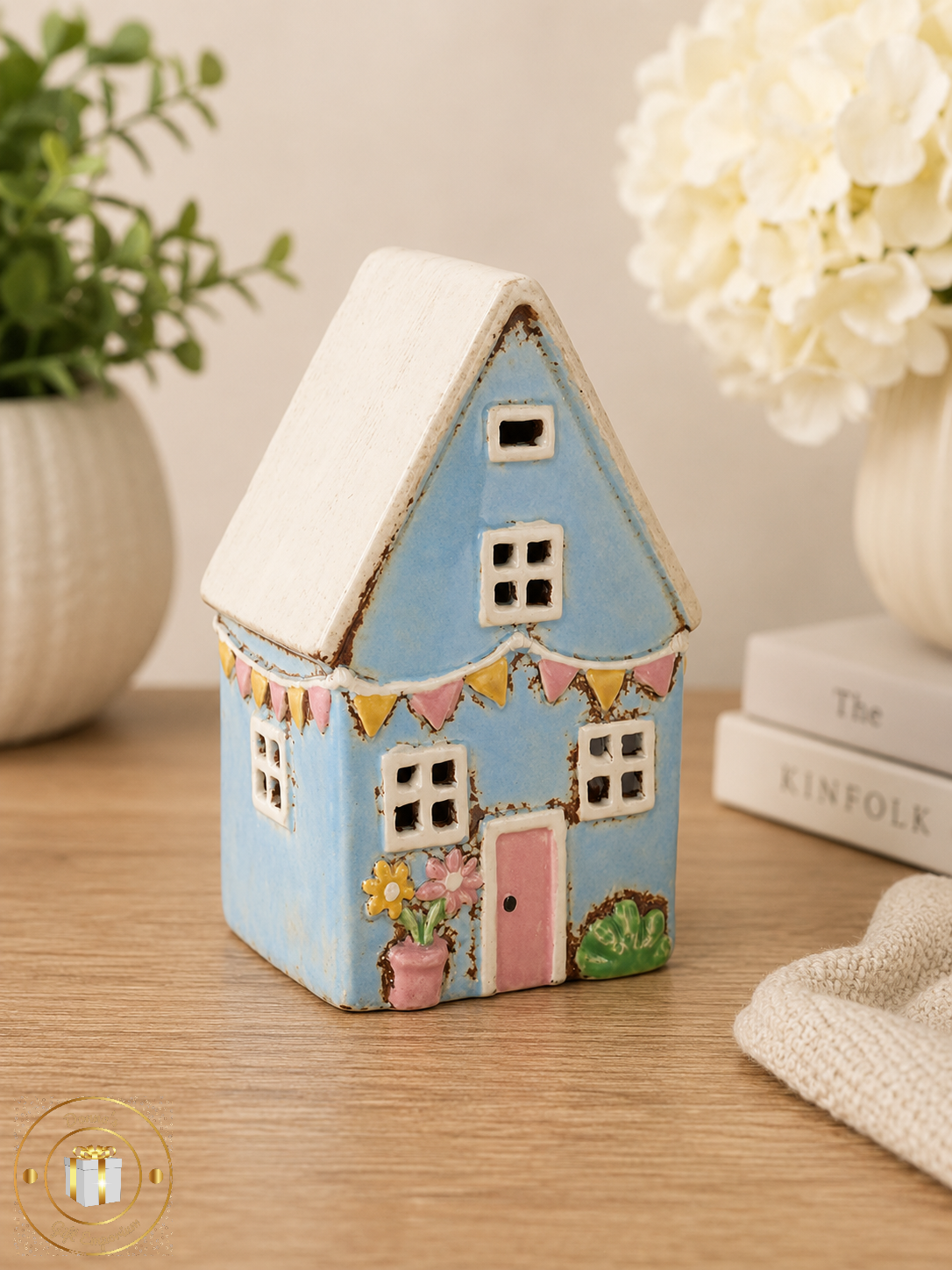 Village Pottery Garden Blue House T-Light Holder