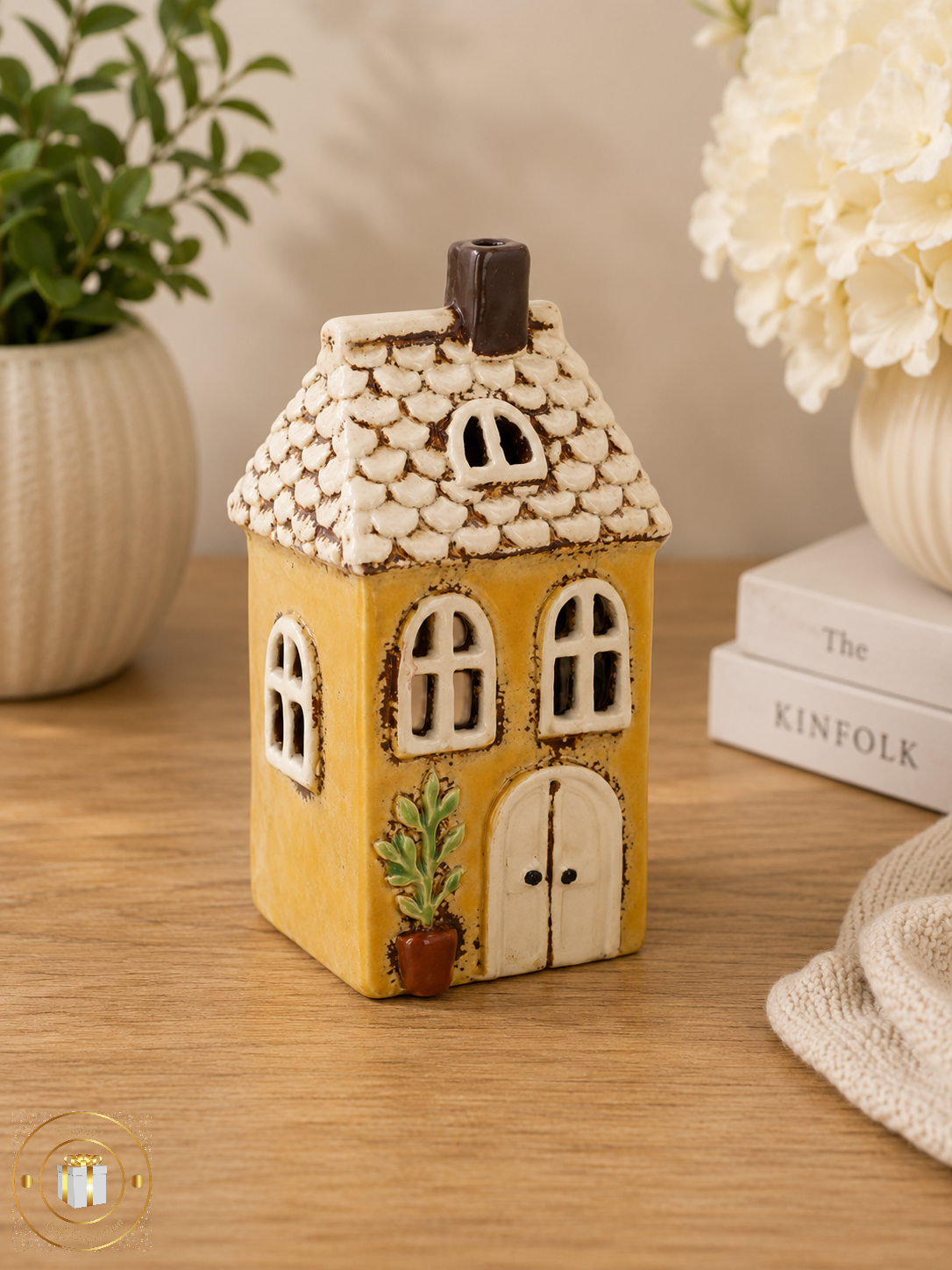 Village Pottery Garden Yellow House T-Light Holder