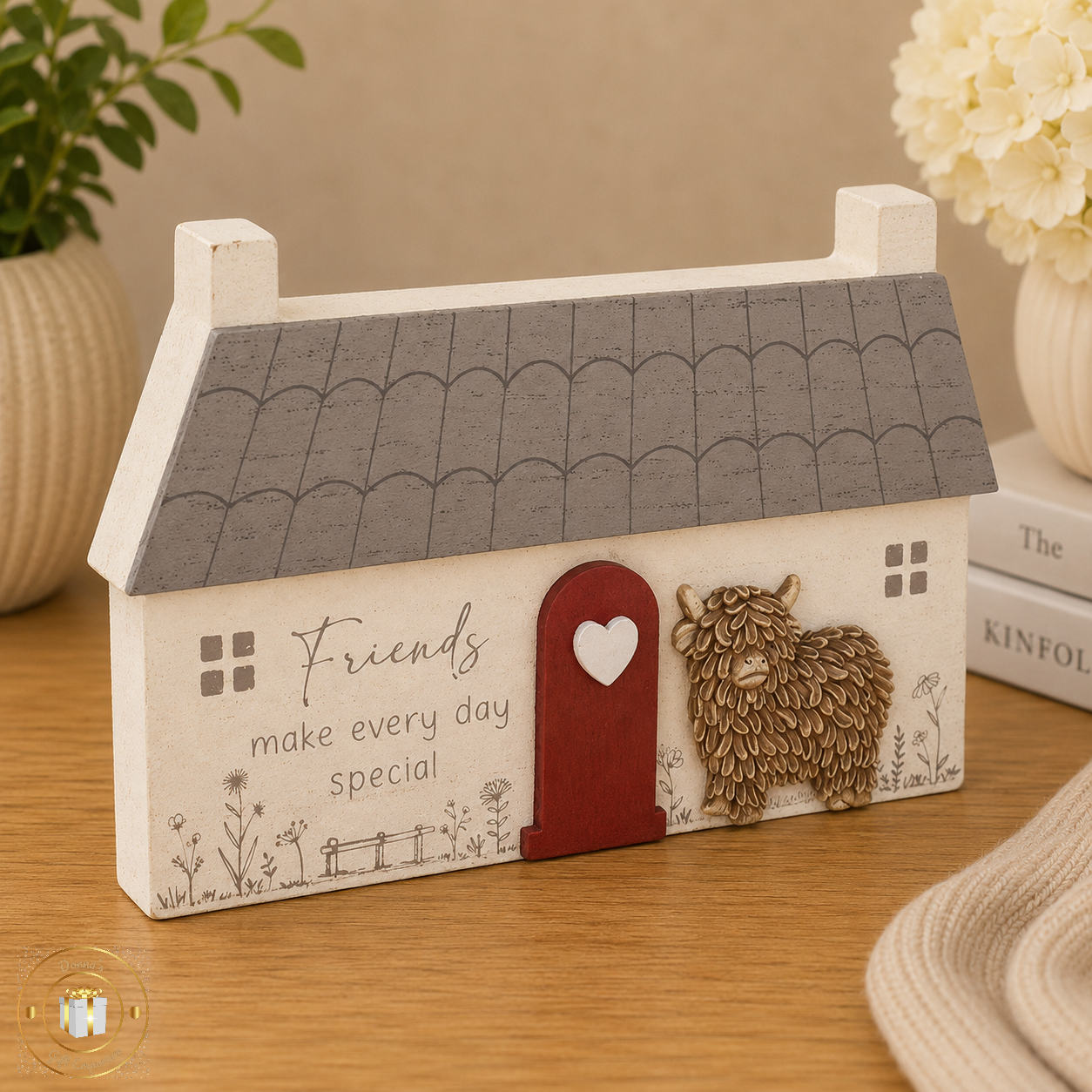 Highland Cow House Wooden Block - Friends