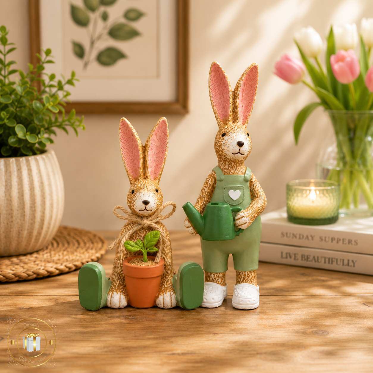 Gardening Bunny Rabbits With Watering Can & Plant