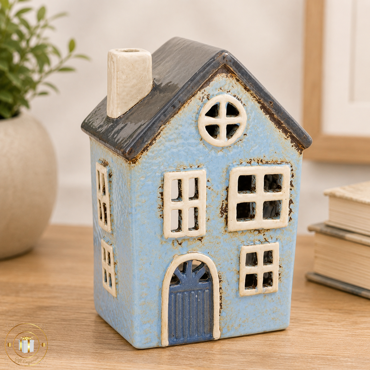 Village Pottery Round Window House Blue Tealight