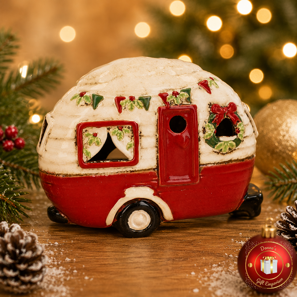 Village Pottery Christmas Campa Caravan T-Light Holder