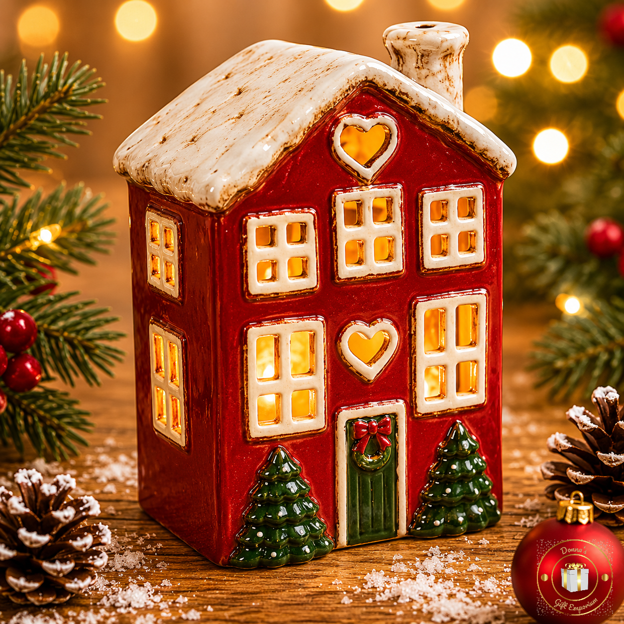 Village Pottery Christmas Heart & Tree House T-Light Holder