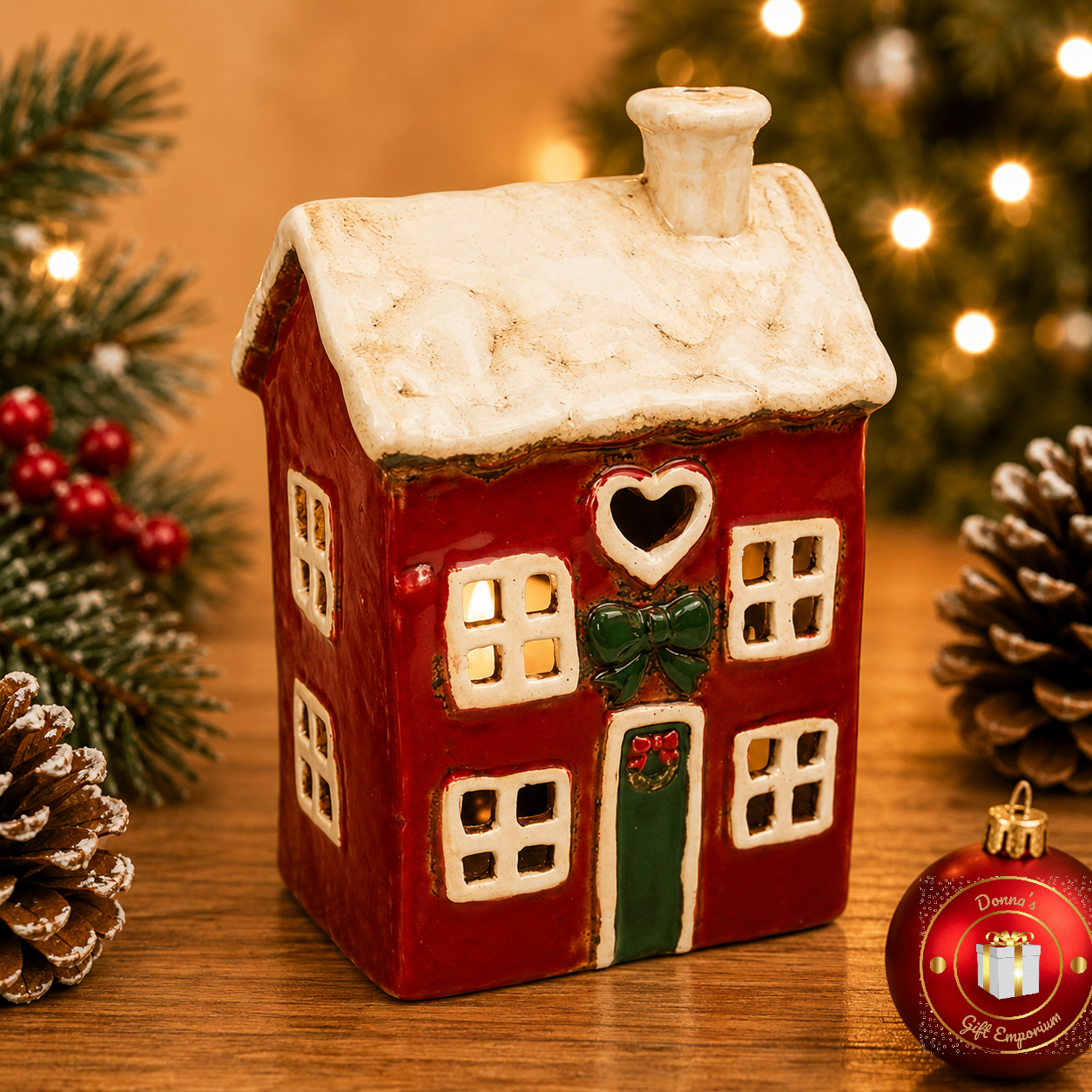 Village Pottery Christmas Heart House T-Light Holder