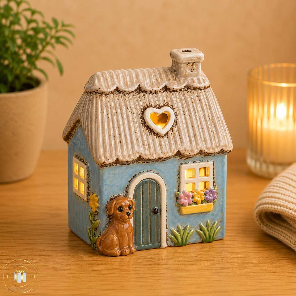 Village Pottery Blue Thatched Roof With Dog Tealight Holder