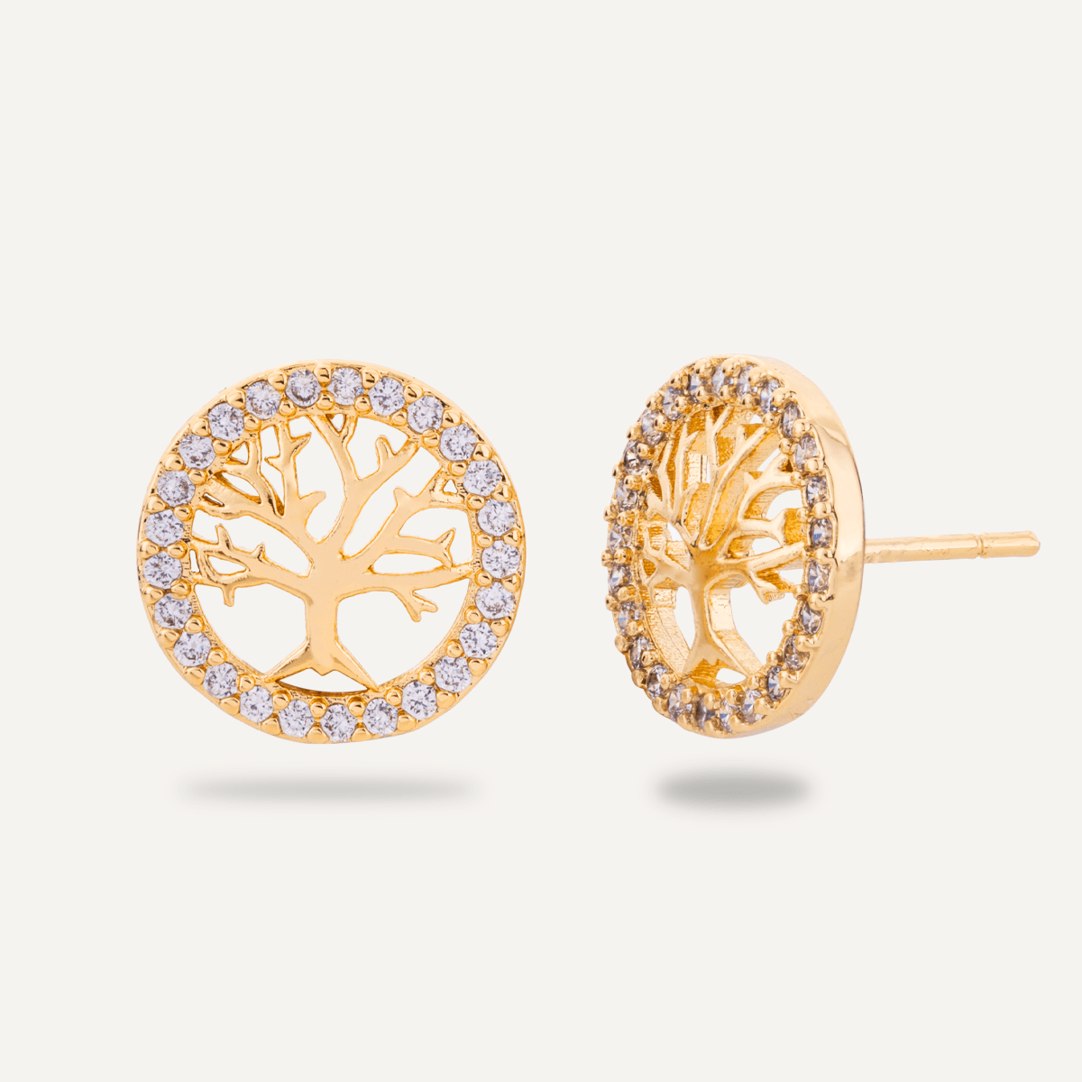 Tree Of Life - Gold Cubic Zirconia Stud Earrings