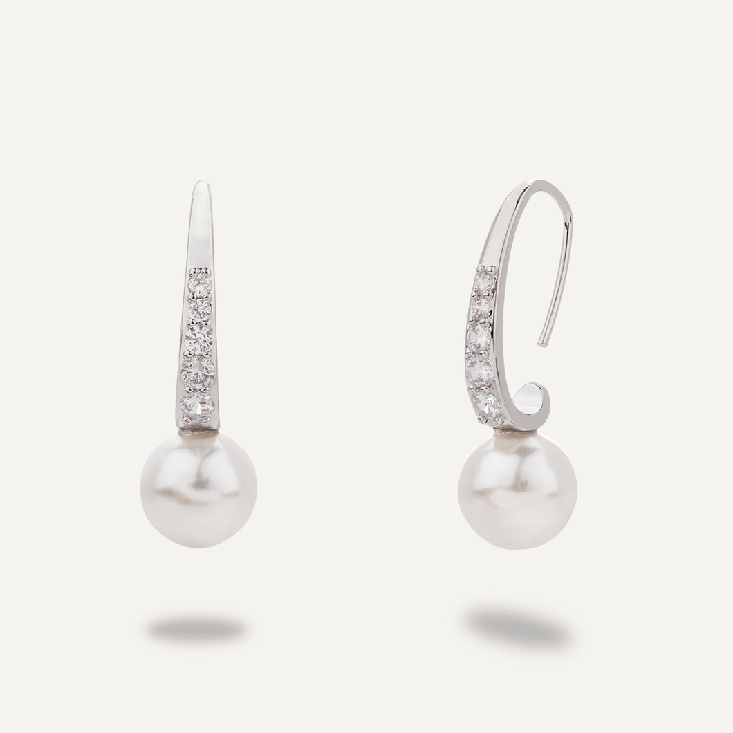 Audrey - Classic Pearl & Cubic Zirconia Drop Earrings - Silver