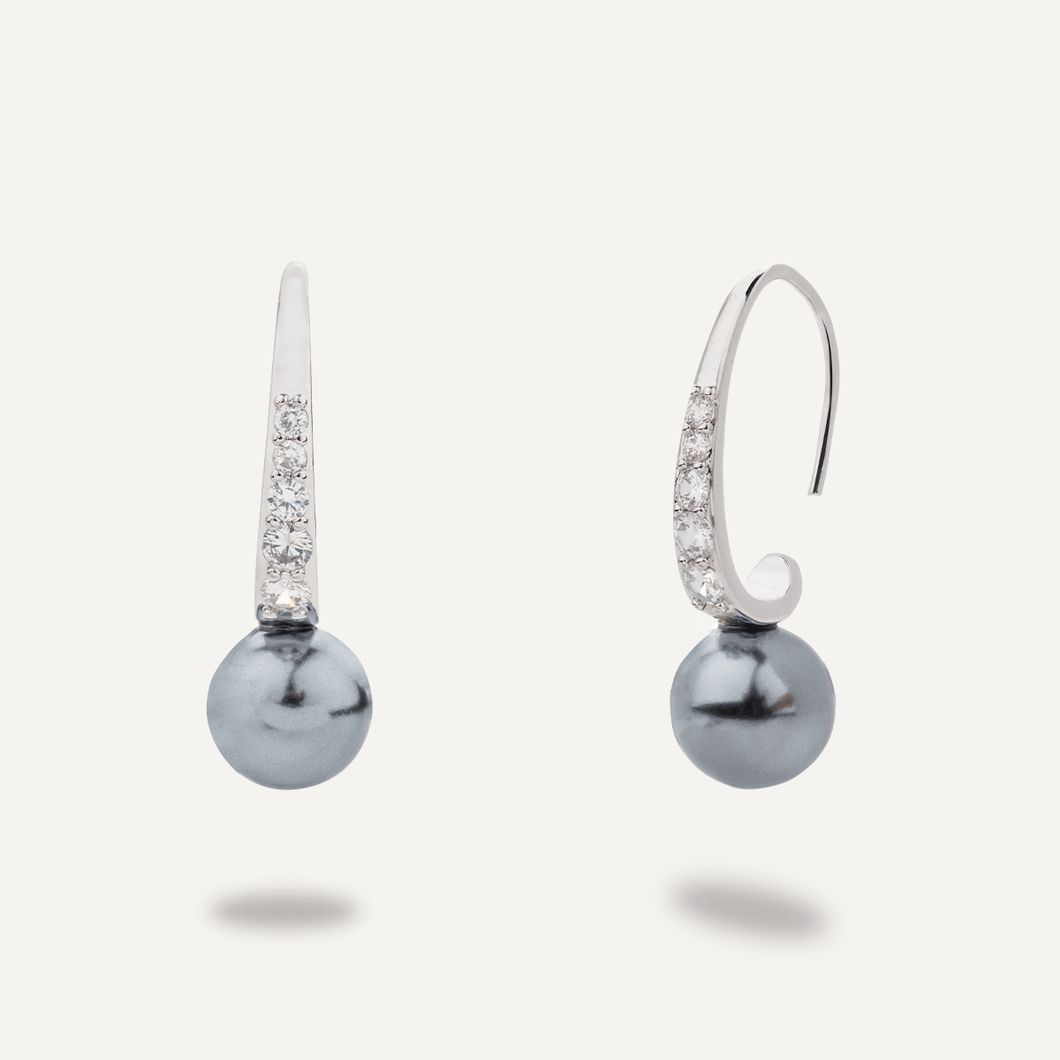 Audrey - Classic Grey Pearl & Cubic Zirconia Drop Earrings - Silver