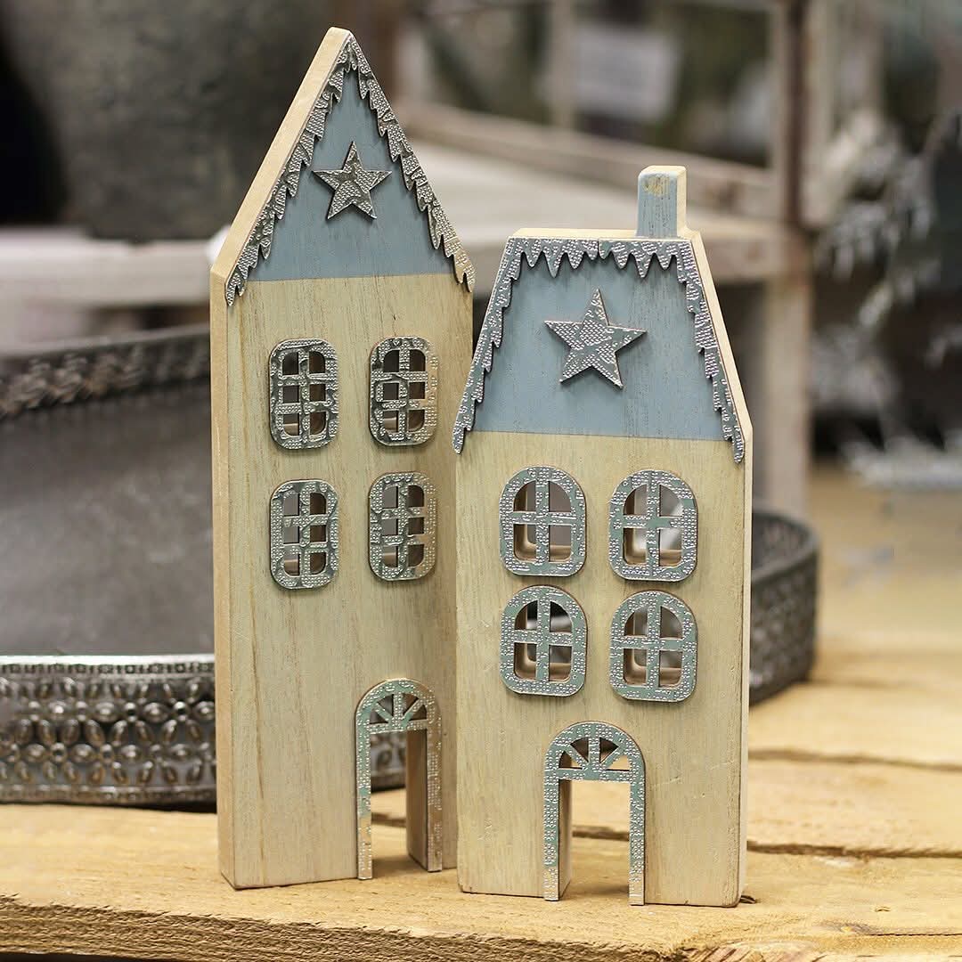 Wooden Festive House Decorations - Pair