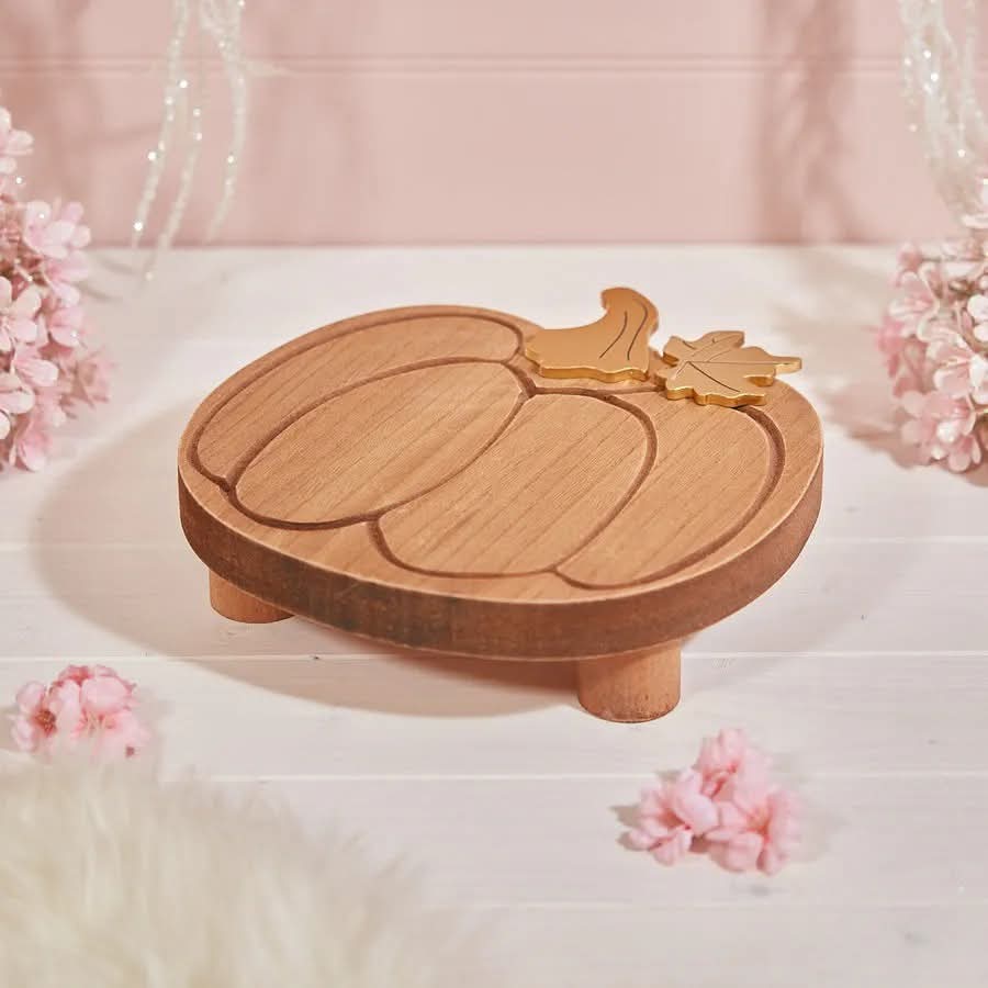 Chunky Rustic Wooden Autumn Pumpkin Styling Tray With Gold Stem & Leaf