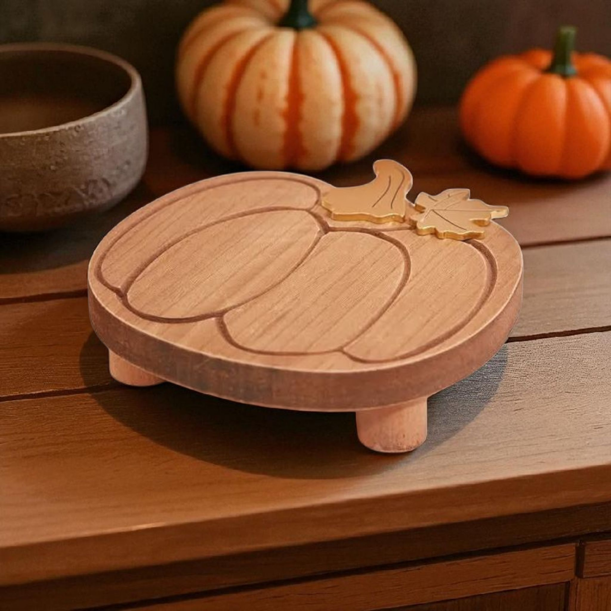Chunky Rustic Wooden Autumn Pumpkin Styling Tray With Gold Stem & Leaf