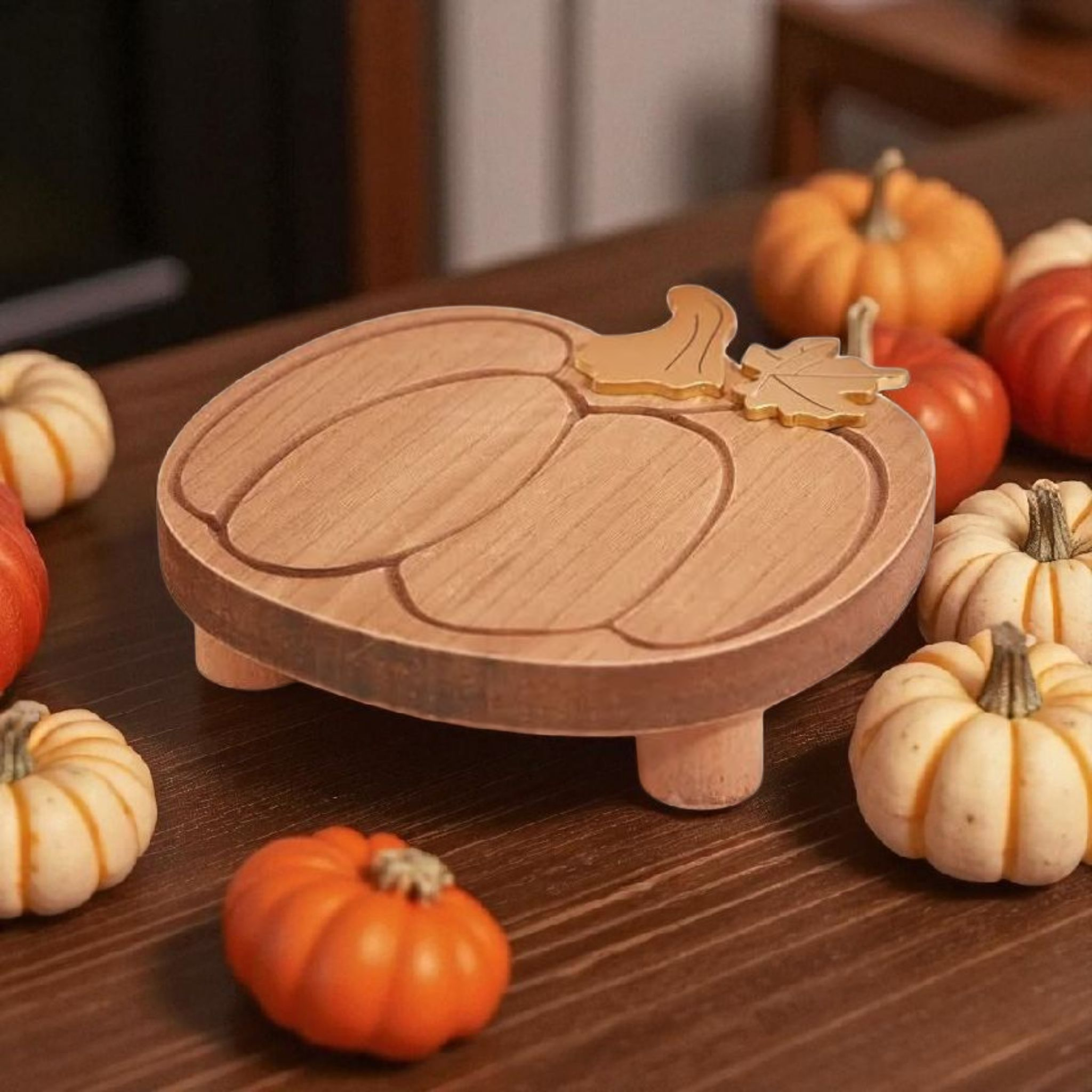 Chunky Rustic Wooden Autumn Pumpkin Styling Tray With Gold Stem & Leaf