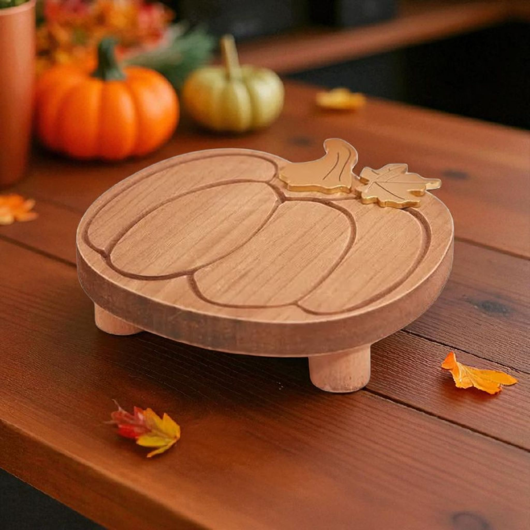 Chunky Rustic Wooden Autumn Pumpkin Styling Tray With Gold Stem & Leaf