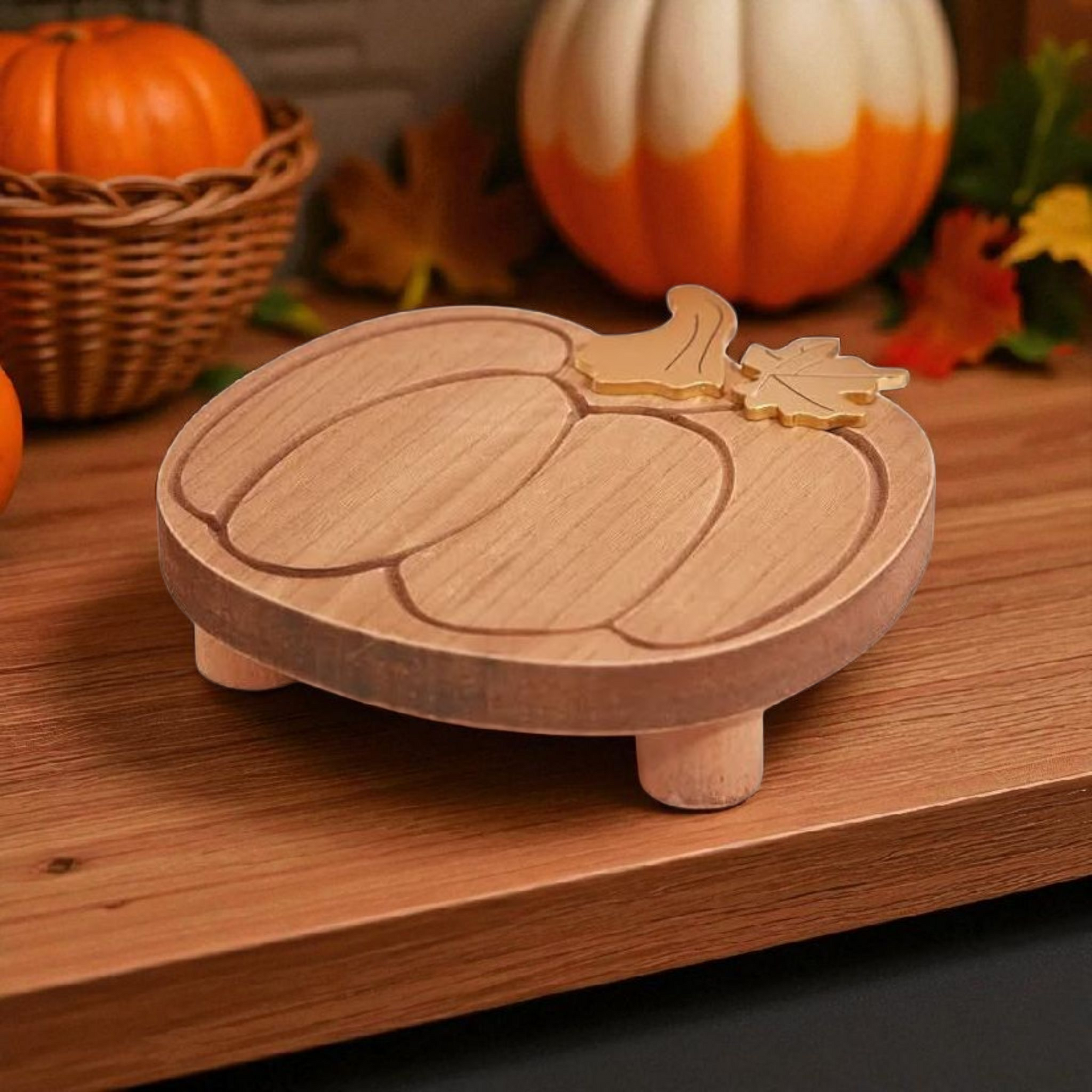 Chunky Rustic Wooden Autumn Pumpkin Styling Tray With Gold Stem & Leaf
