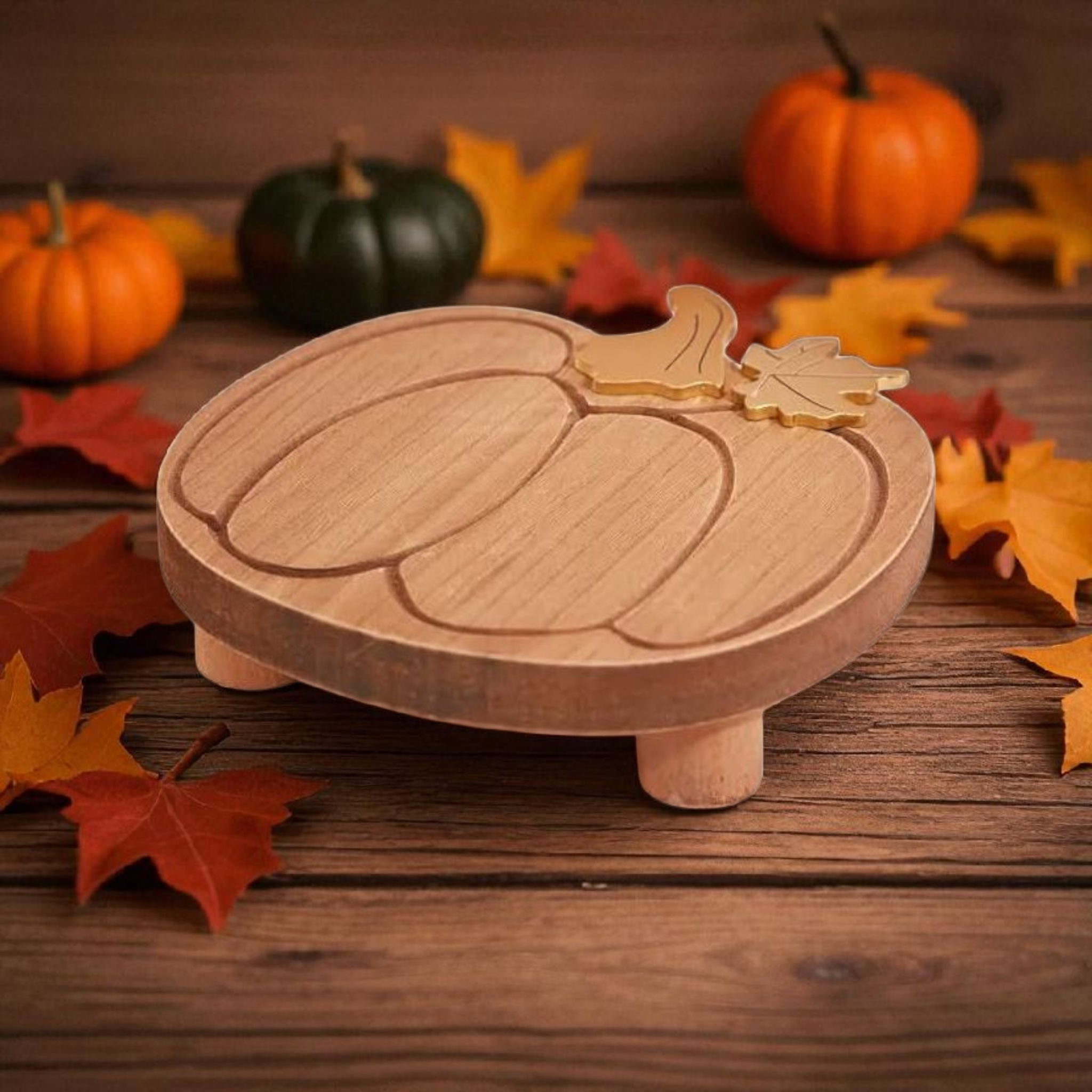 Chunky Rustic Wooden Autumn Pumpkin Styling Tray With Gold Stem & Leaf