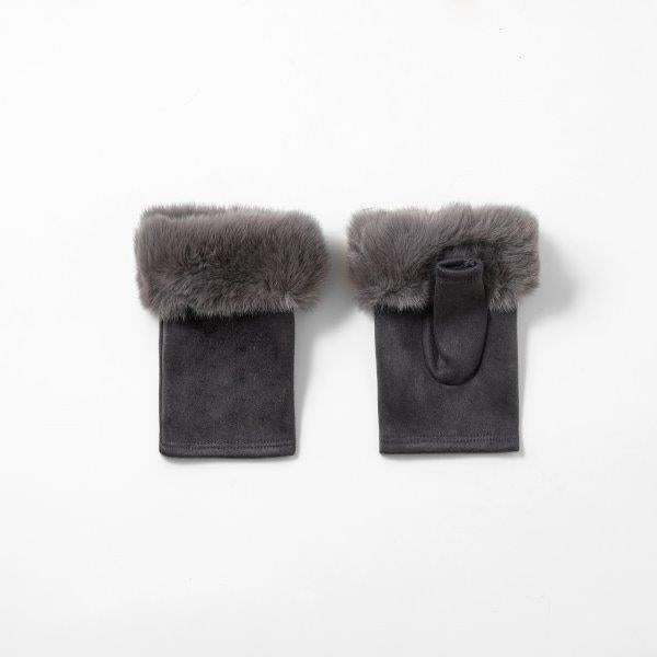 Gloves - Fingerless With Faux Fur - Grey