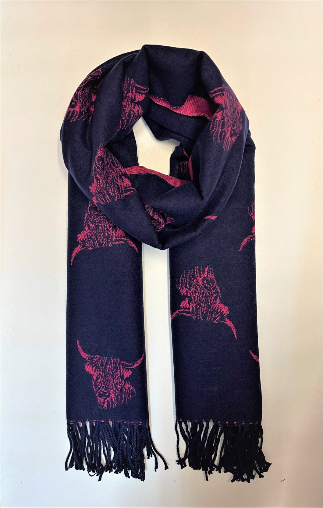 Cashmere Highland Cow Scarf - Navy/Fuchsia