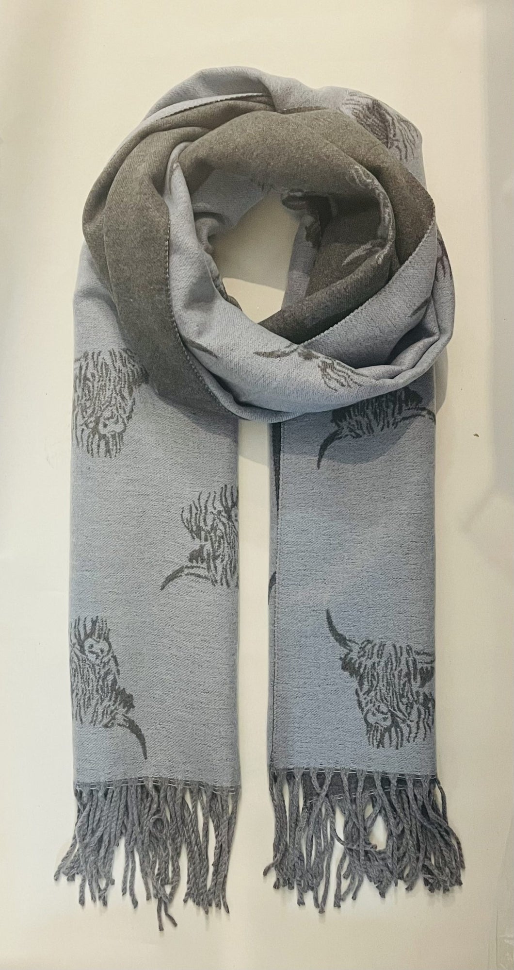 Cashmere Highland Cow Scarf - Sky Blue/Grey