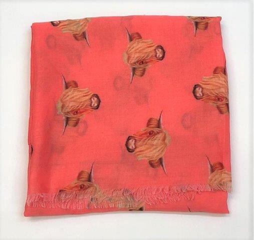Cashmere Highland Cow Scarf - Coral