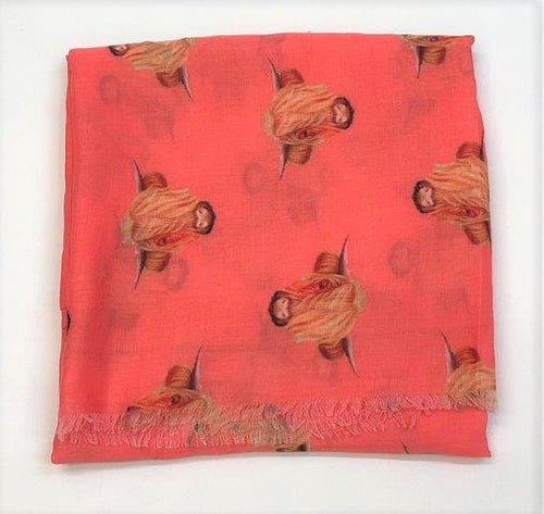 Cashmere Highland Cow Scarf - Coral
