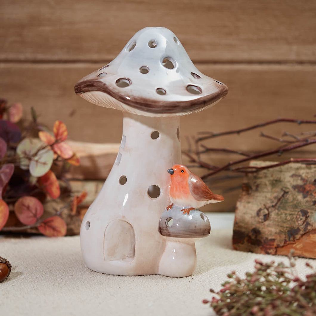 Rustic Woodland Mushroom with Robin T-Light Holder