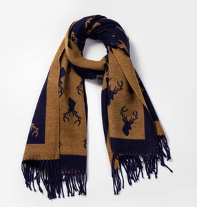 Cashmere Stags Scarf - Navy/Rust