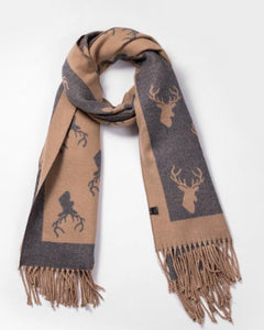 Cashmere Stags Scarf - Camel/Grey