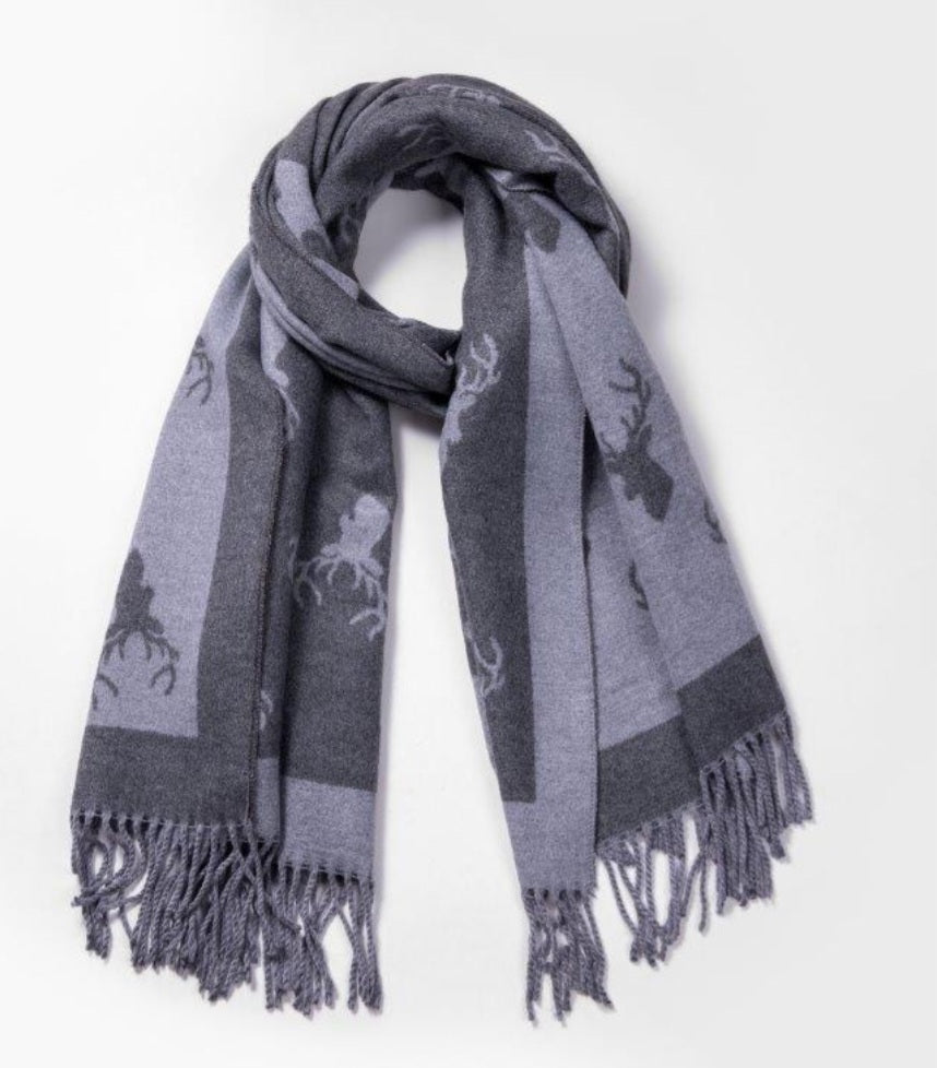 Cashmere Stags Scarf - Grey/Dark Grey