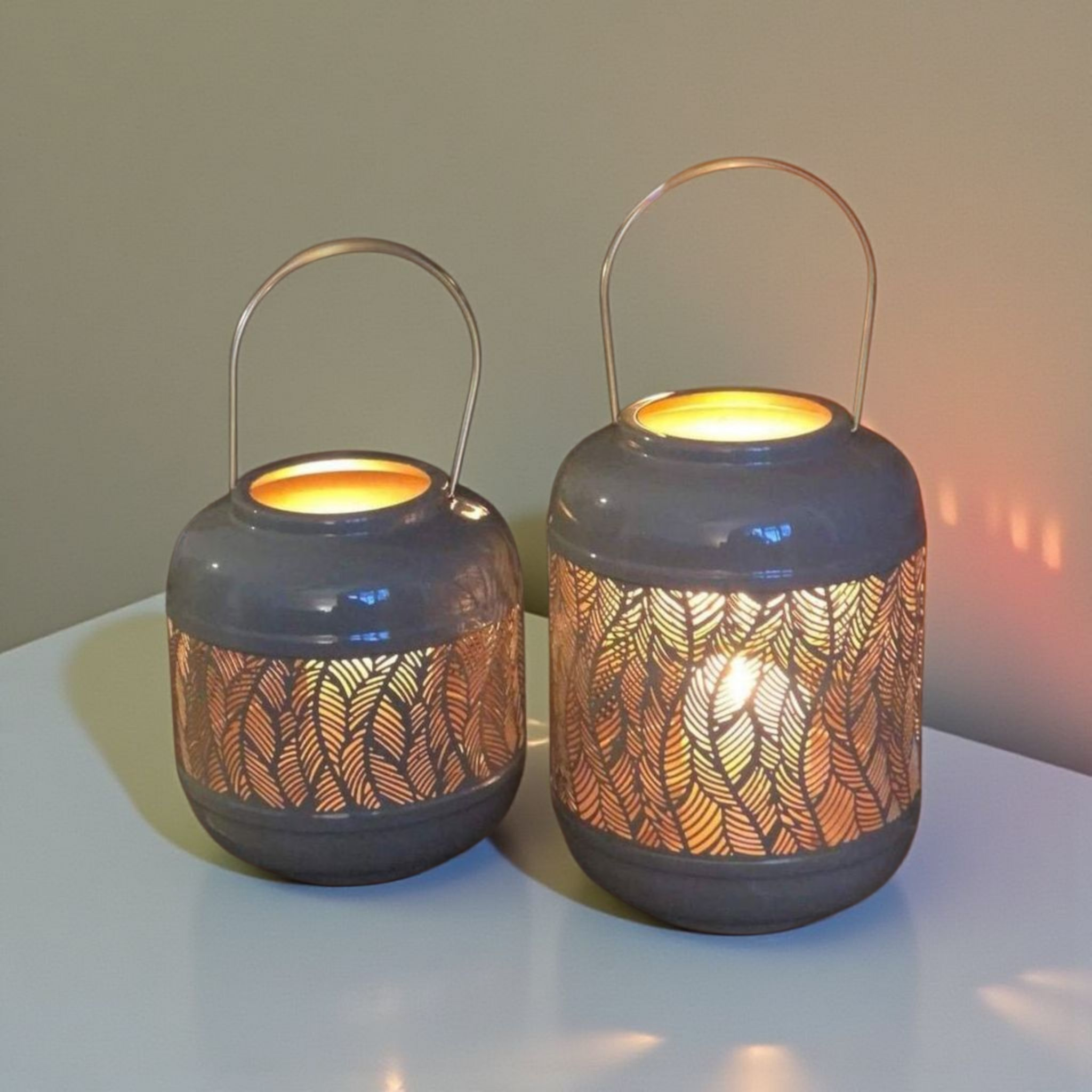 Grey Feather Cut Out Lanterns