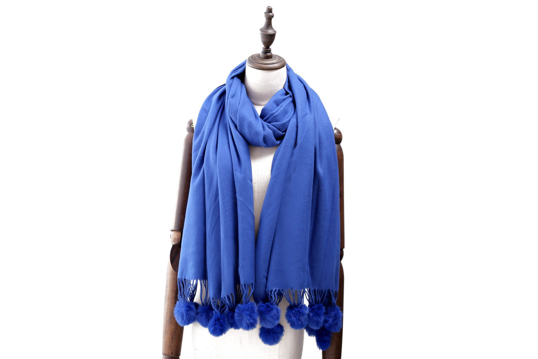 Cashmere Pom Pom Scarf - Blue