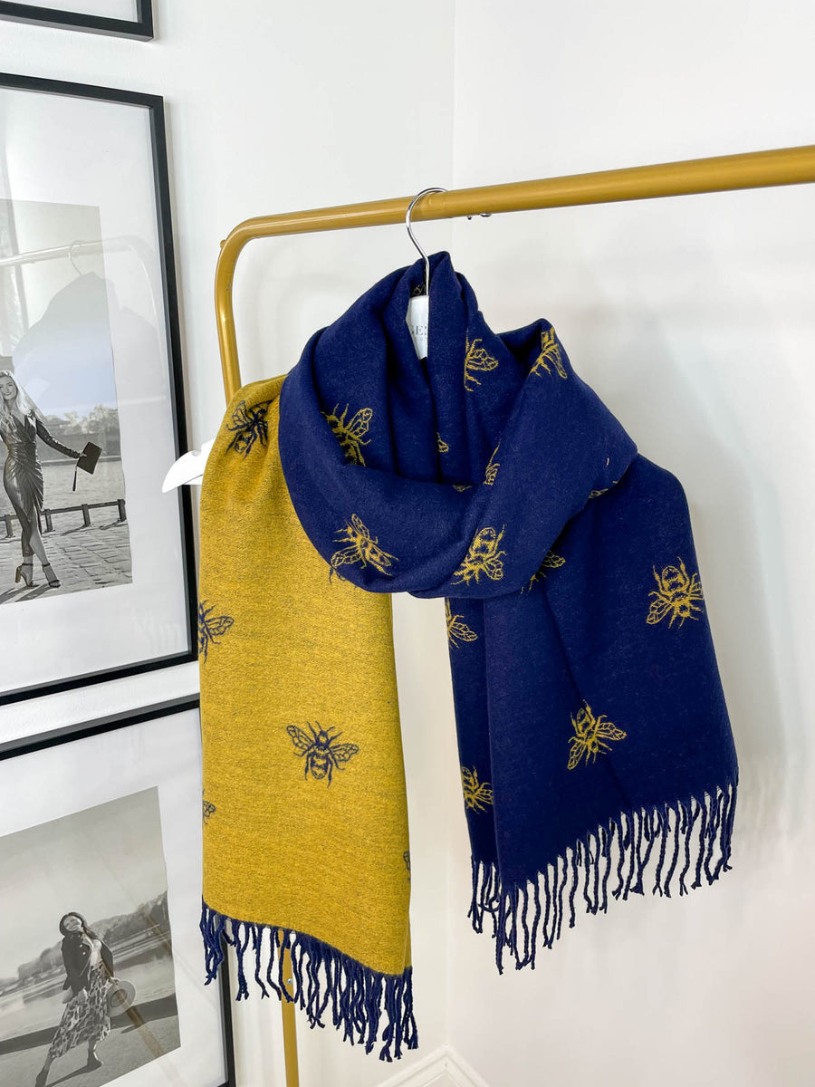 Cashmere Bees Scarf - Navy/Mustard