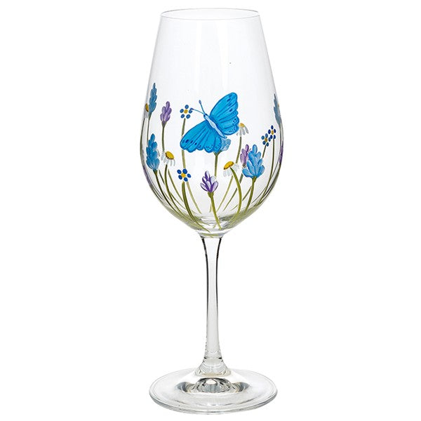 Hand Painted Butterfly Garden Wine Glass