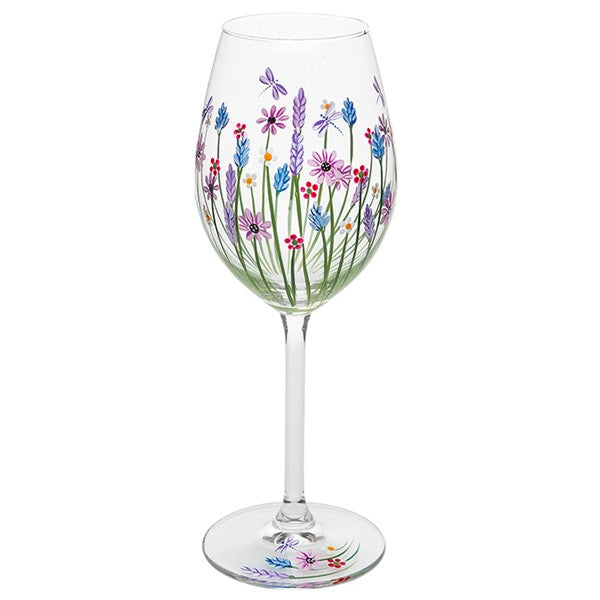 Hand Painted Dragonfly Meadow Wine Glass