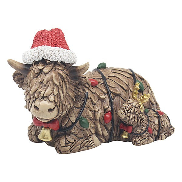 Christmas Santa Hugo Highland Cow & Calf With Fairy Lights