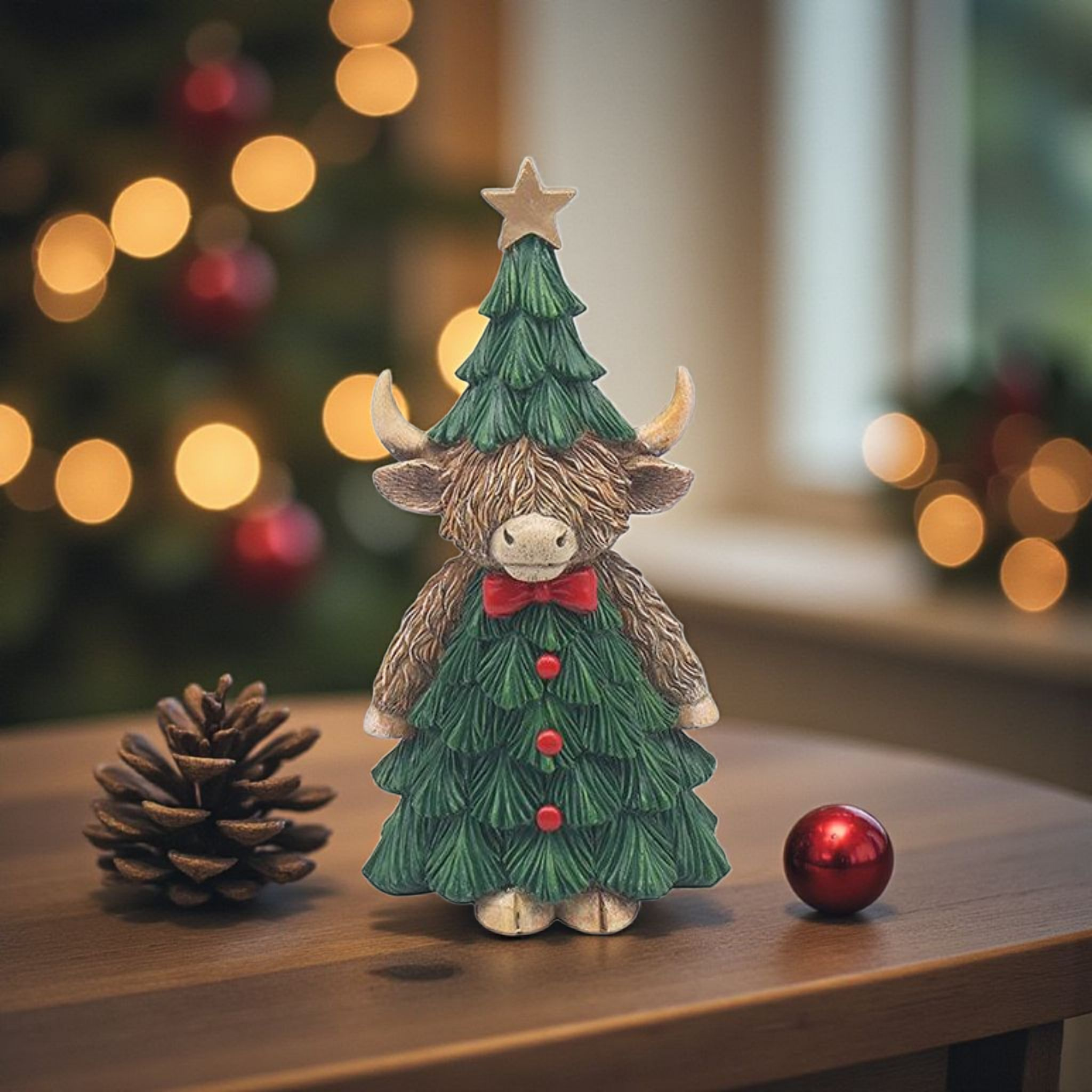 Christmas Santa Hugo Highland Cow Stood In Tree Dress