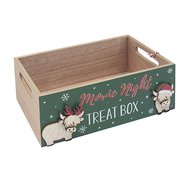 Christmas Highland Cow Movie Treat Night Wooden Box