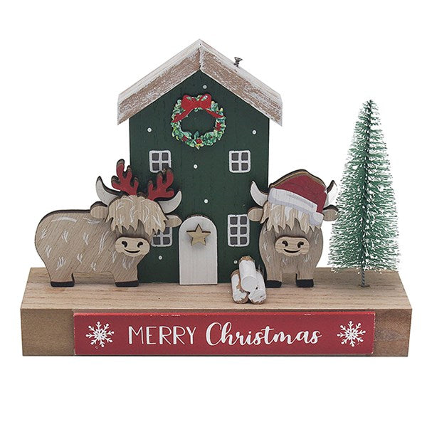 Merry Christmas Wooden House Block With Highland Cows PRE-ORDER