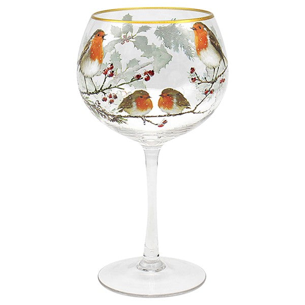 Christmas Robin Gin Glass with Gold Rim